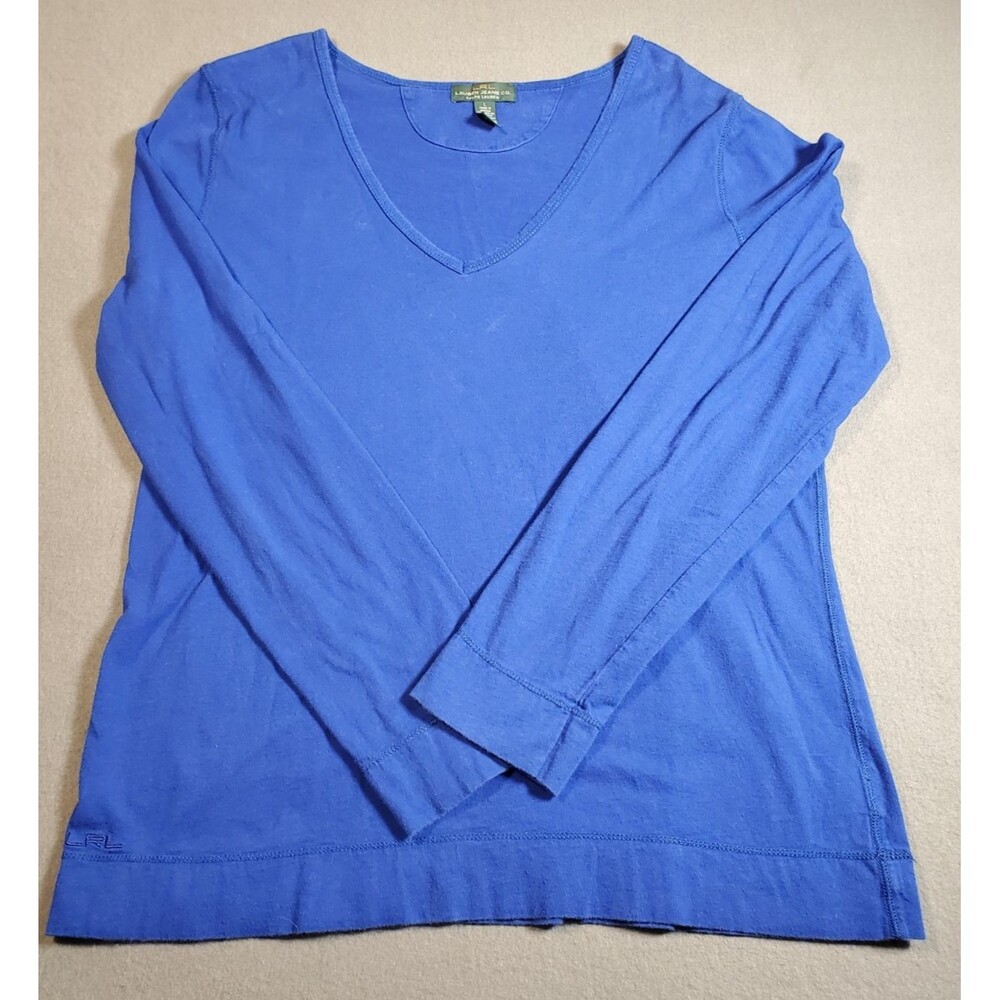 Lauren Ralph Lauren Women's L Blue Long Sleeve V neck Shirt 100% Cotton